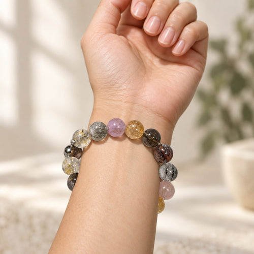 Natural Crystal Bracelet #03 — Autumn Garden — styled on a woman's wrist