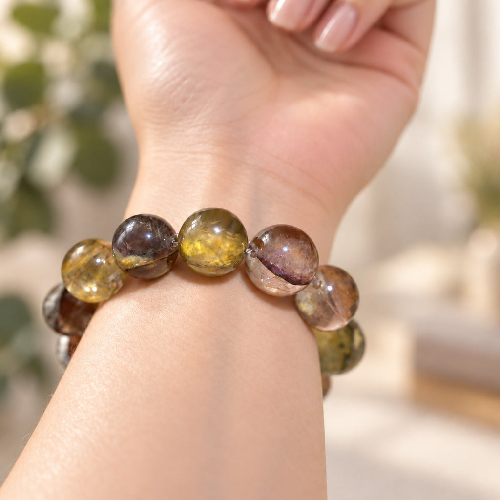 Natural Crystal Bracelet #09 — Sunset Garden — styled on a woman's wrist