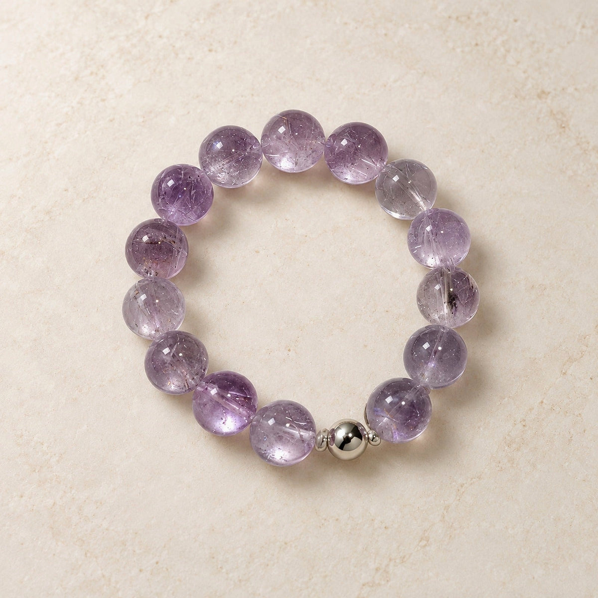 Natural Crystal Bracelet #10 — Lavender Smoke — clear front product view on warm ivory background